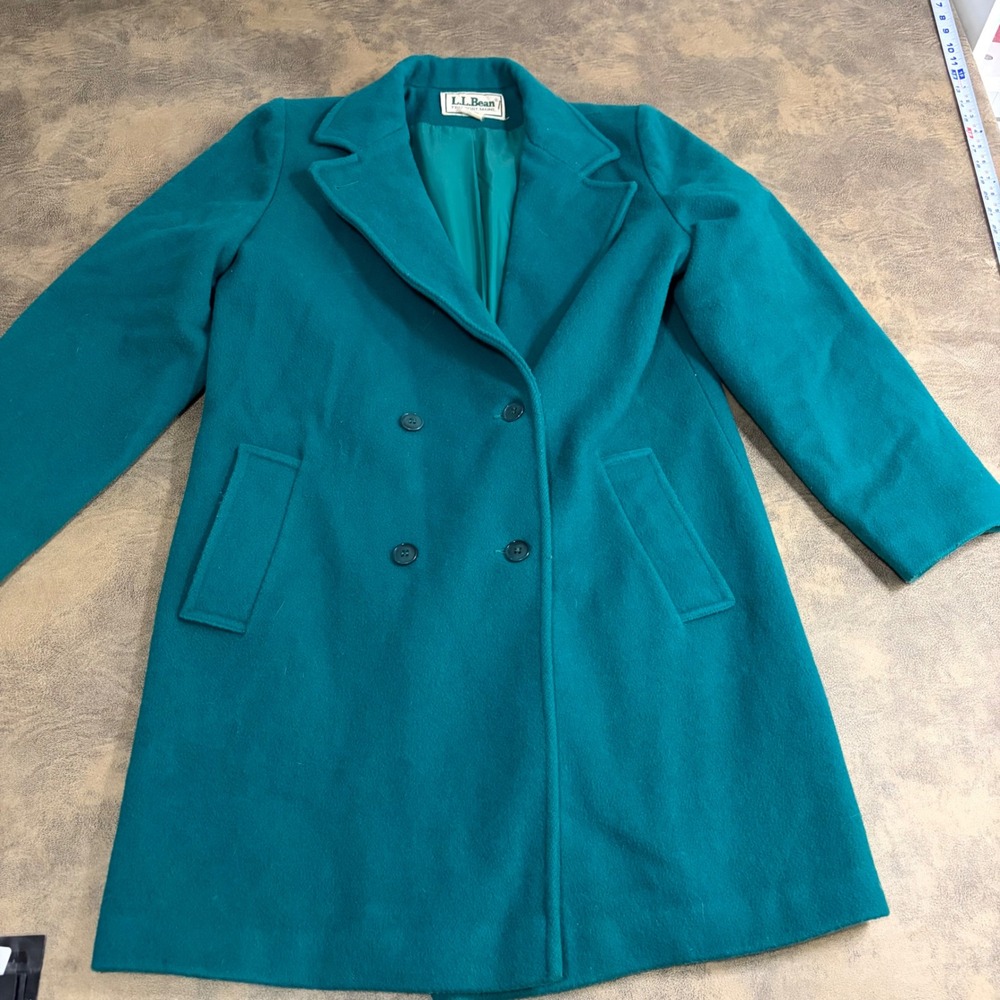 L.L. Bean Wool Blend Pea Coat Womens L Jade Green Double Breasted Jacket VTG